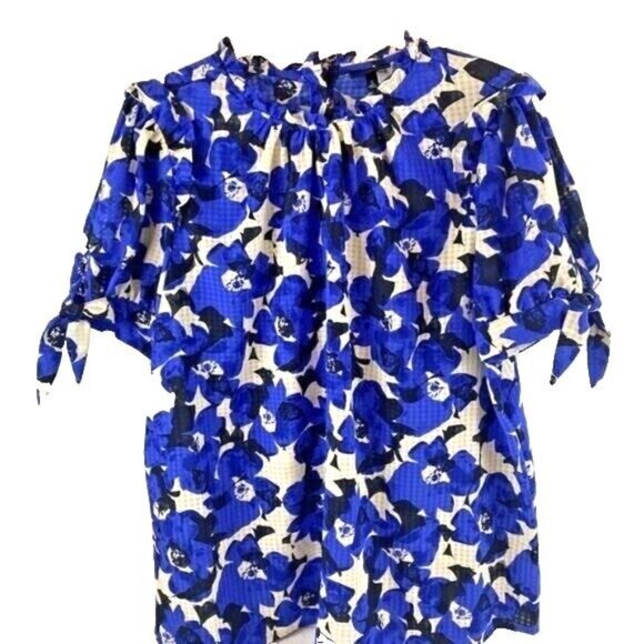 Womens L Ruffle Floral A-Line Blouse Tie Short Sleeve Button Back Who What Wear - Picture 7 of 14